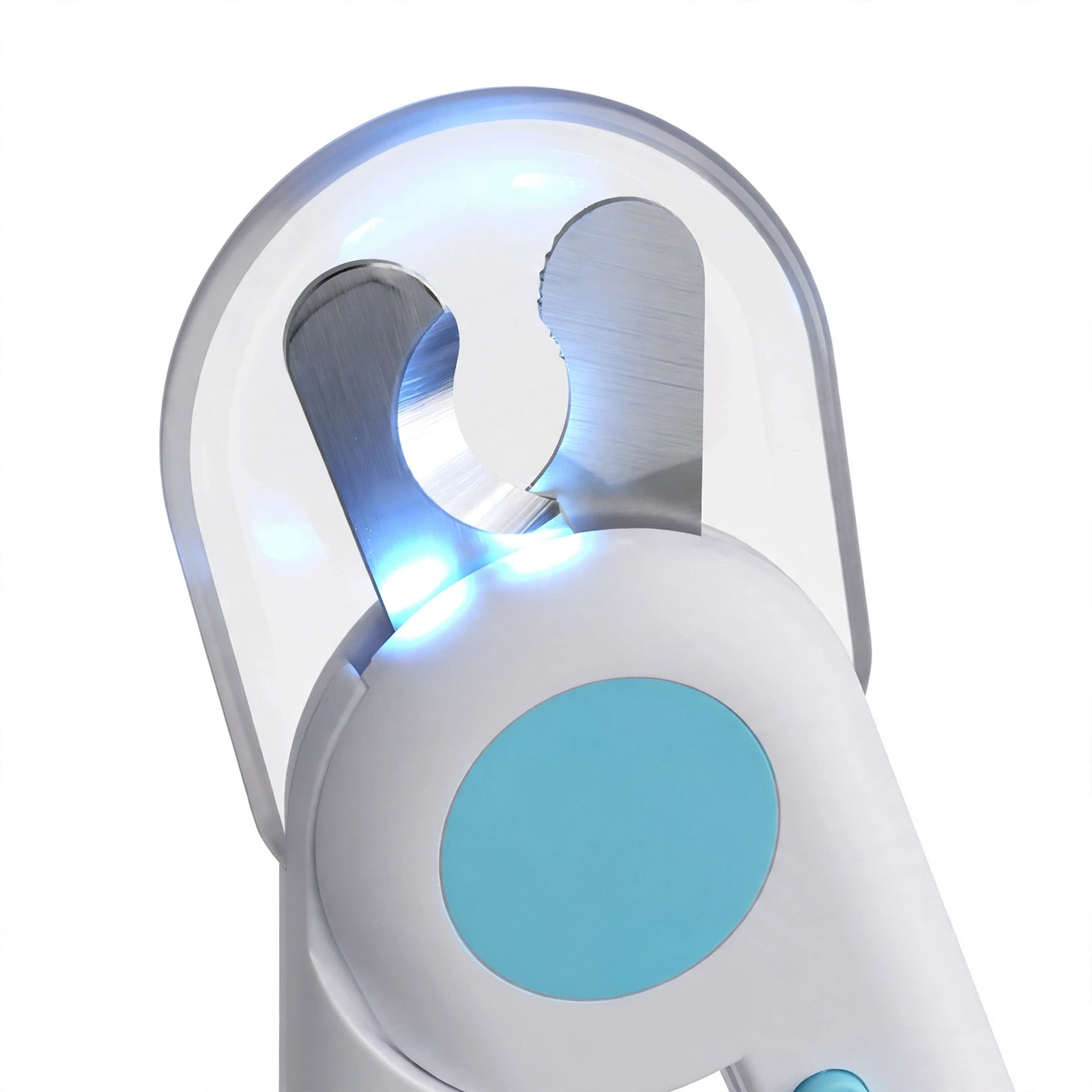 Close-up of the semicircular stainless steel blade and transparent splash guard of the LED pet nail clipper