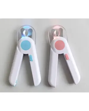 Blue and pink LED pet nail clippers with splash guards, side by side