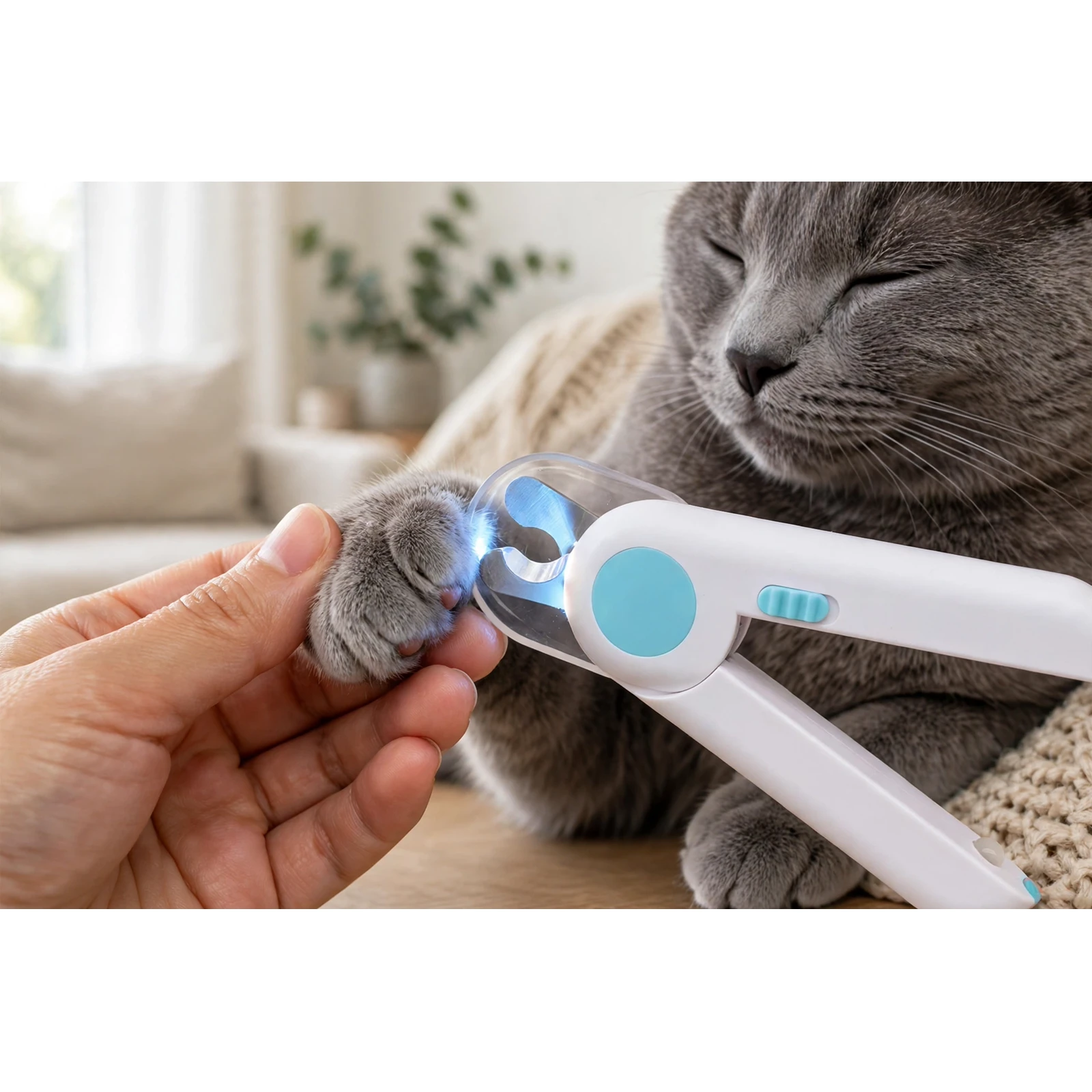 Trimming a grey cat's nail with the LED pet nail clipper