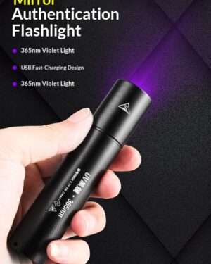 365nm UV blacklight flashlight (Wood's lamp) held in hand, purple beam